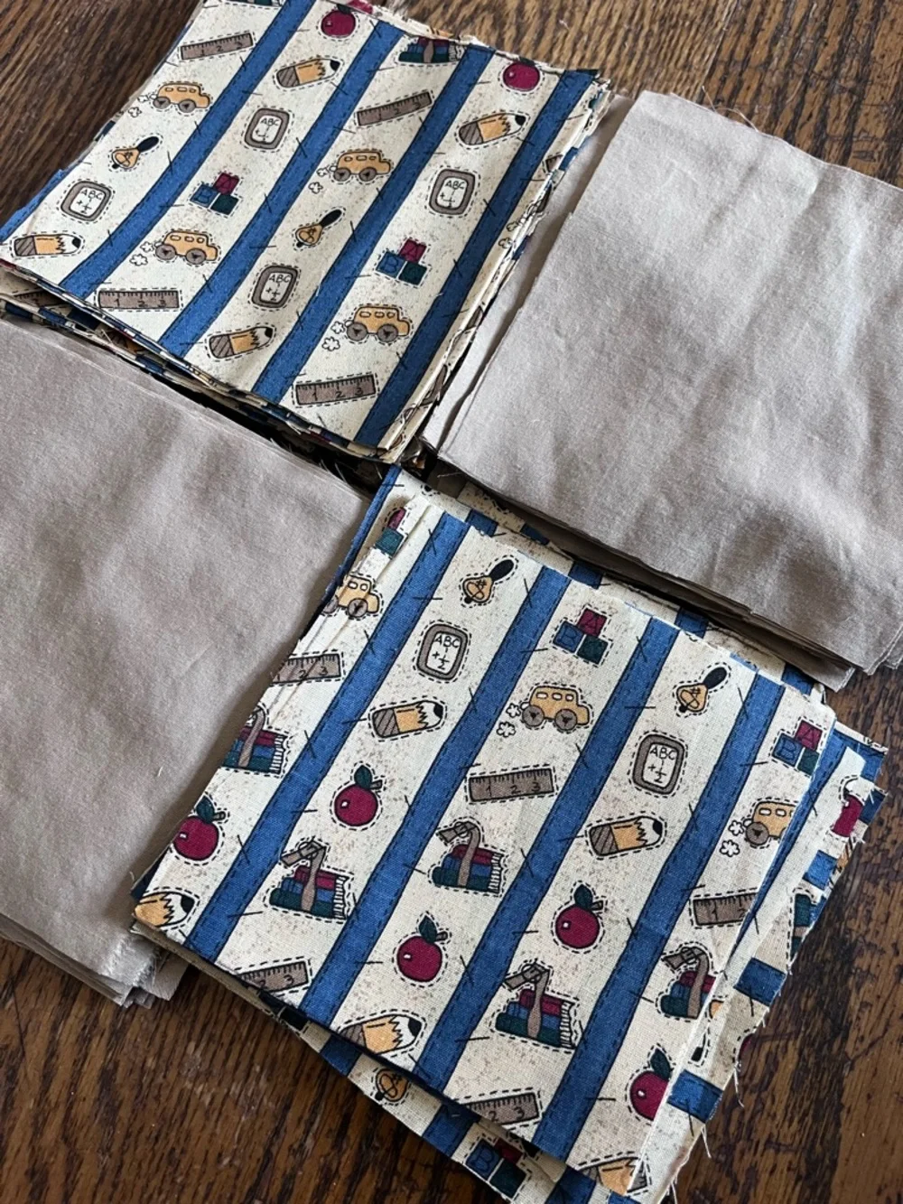 Quilt cotton patches Blue & Tan School Print fabric